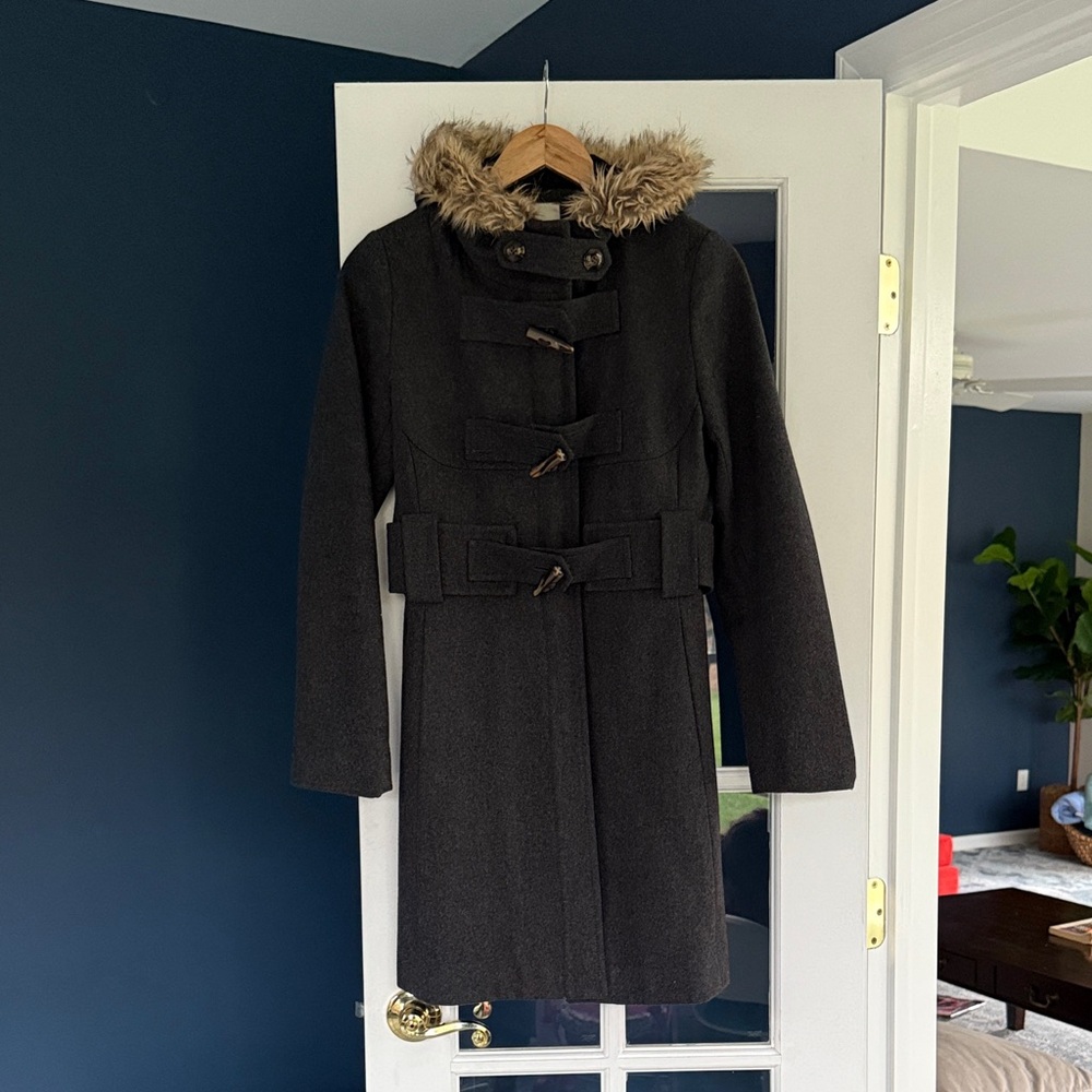 Anthropologie Charcoal Trench Coat with Faux Fur Collar